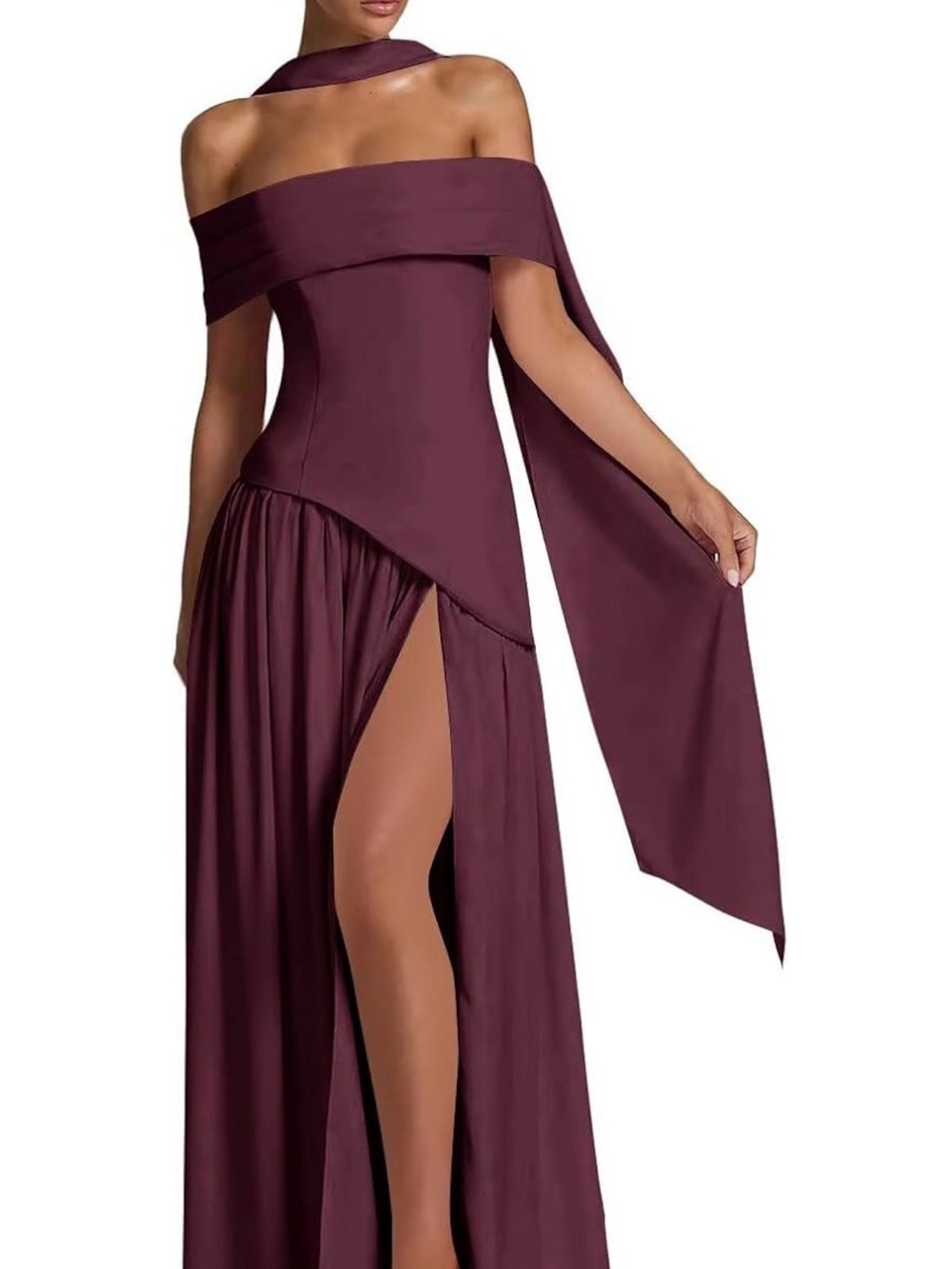 Source Unknown One-Shoulder Burgundy Evening Gown with Side Drape